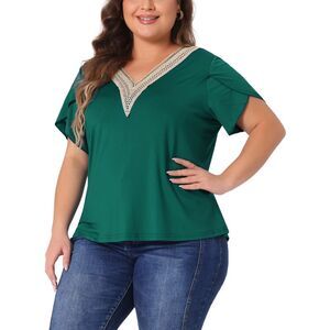 Plus Size Summer T-Shirts For Lace V Neck Tunics Tops Blouses Dark Green